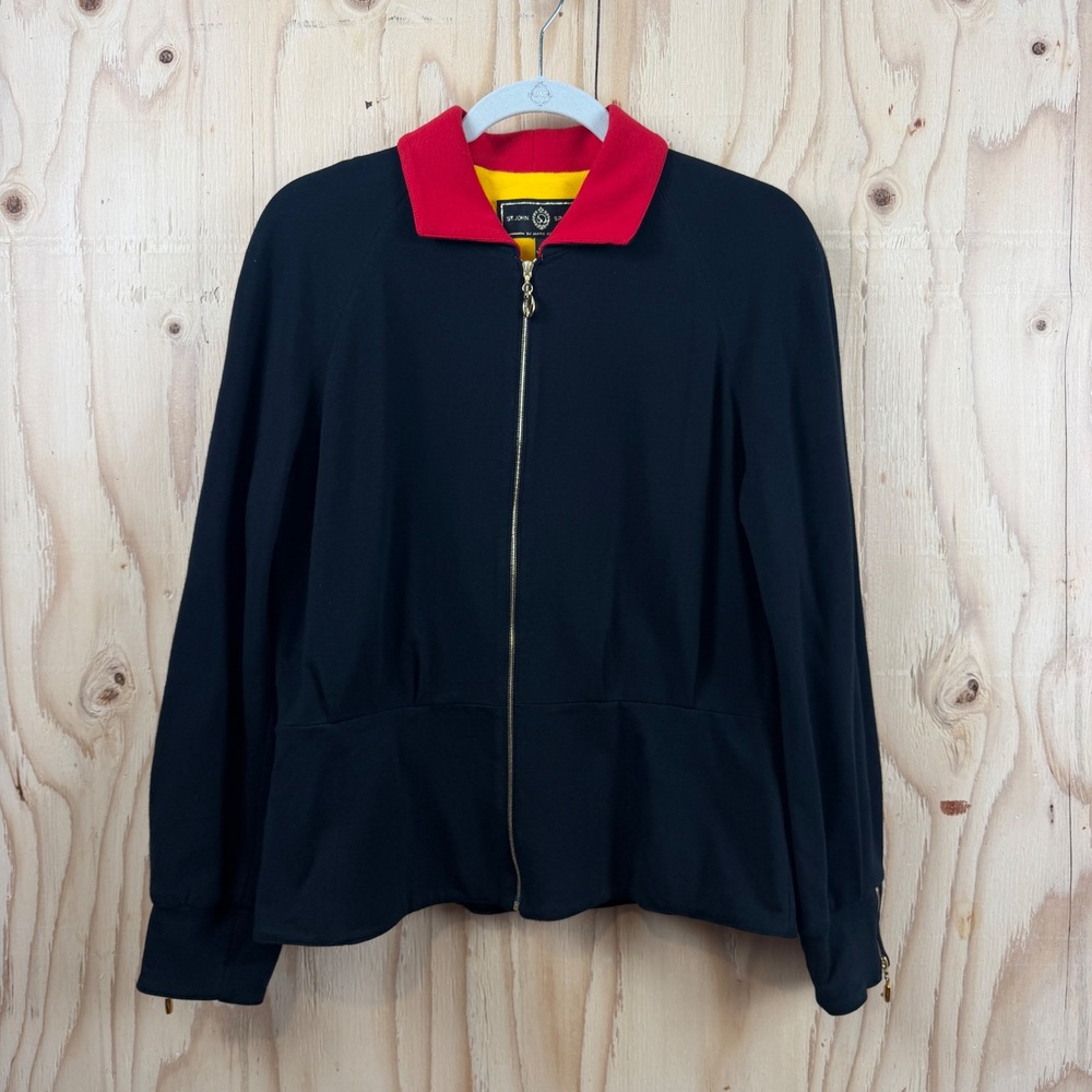 St. John Sport Jacket Women S Black Excellent Red Collar Zip Up Peplum Knit